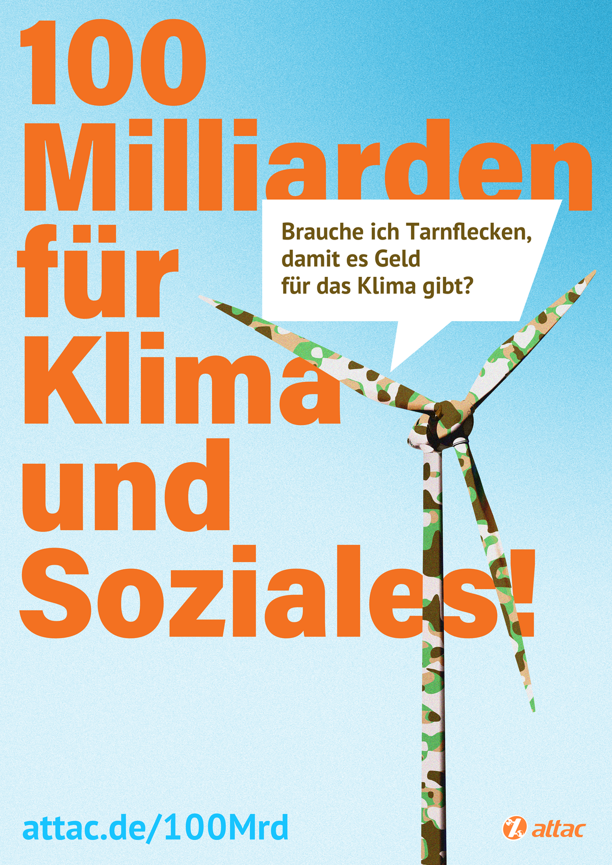 Auf einem Plakat ist ein Windrad mit Tarnflecken, aus dem eine Sprechblase mit dem Text "Muss ich erst Tarnflecken tragen, damit es Geld fürs Klima gibt?" steht. Im Hintergrund des Plakates steht "100 Milliarden für Klima und Soziales!"