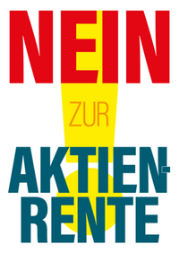 Logo der Kampagne: Vor einem Ausrufezeichen steht der Text "Nein zur Aktienrente"