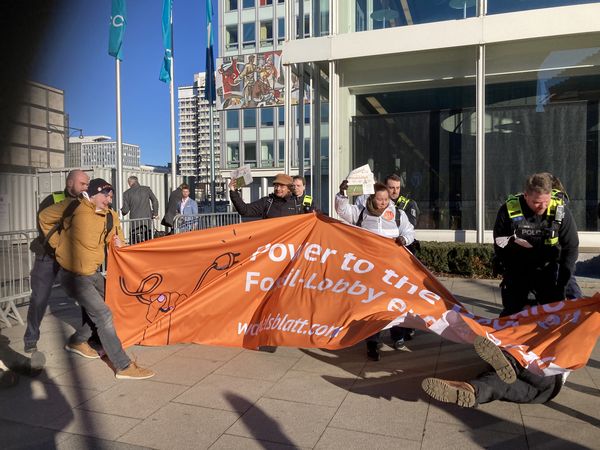 Aktivist*innen halten ein Banner mit der Aufschrift "Power to the people Fossillobby entmachten", einer der Aktivist*innen fällt durch einen Polizisten zu Boden.