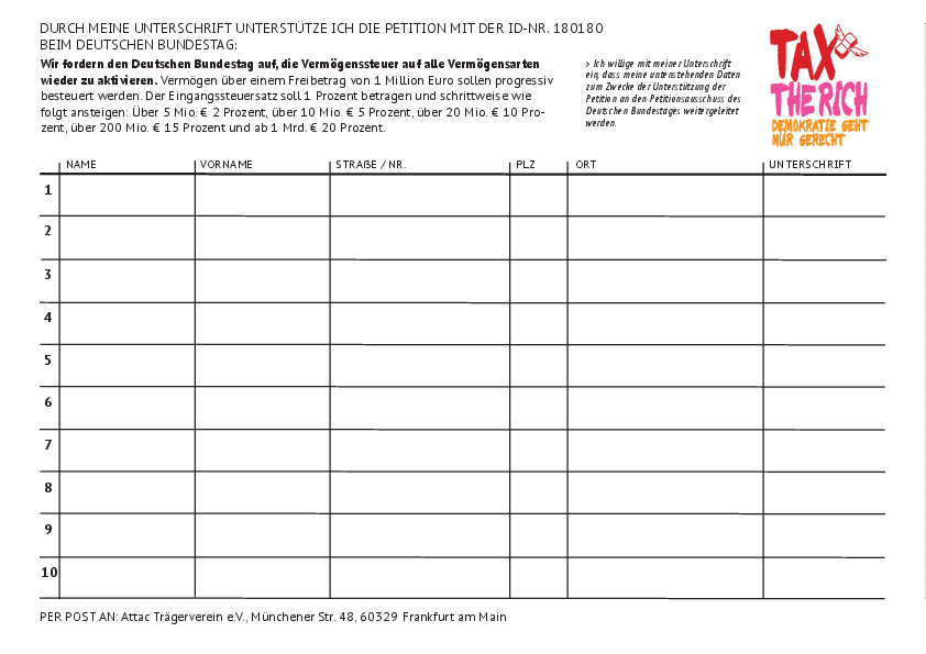 Unterschriftenliste Tax the Rich