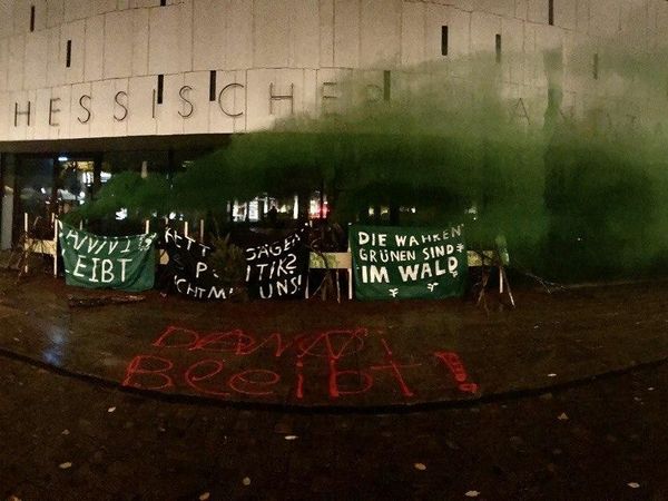 Vor dem Eingang des hessischen Landtages haben Aktivist*innen von FFF eine Barikade aus Holz errichtet und mit Transparenten behängt.