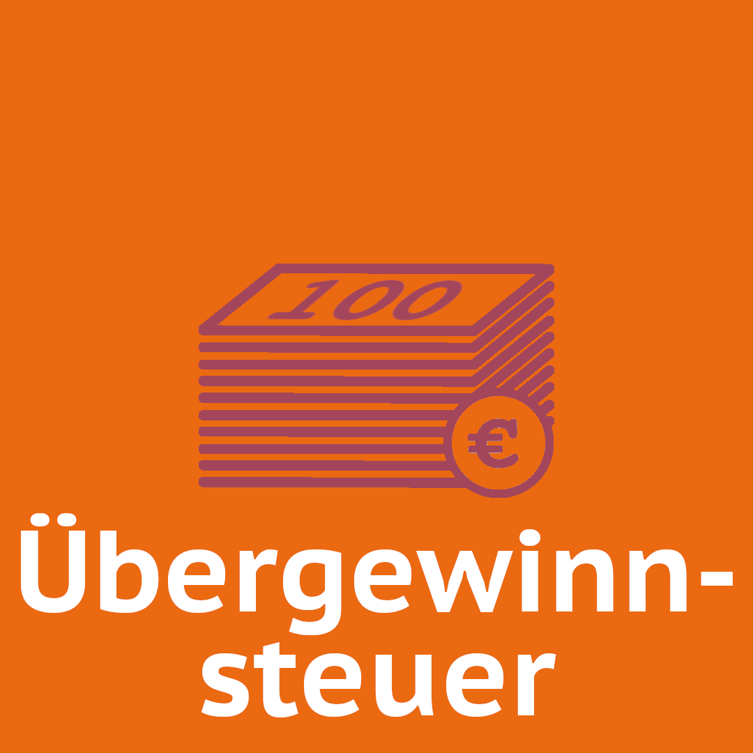 Icon von übereinandergestapelten Geldscheinen unter dem das Wort "Übergewinnsteuer" steht