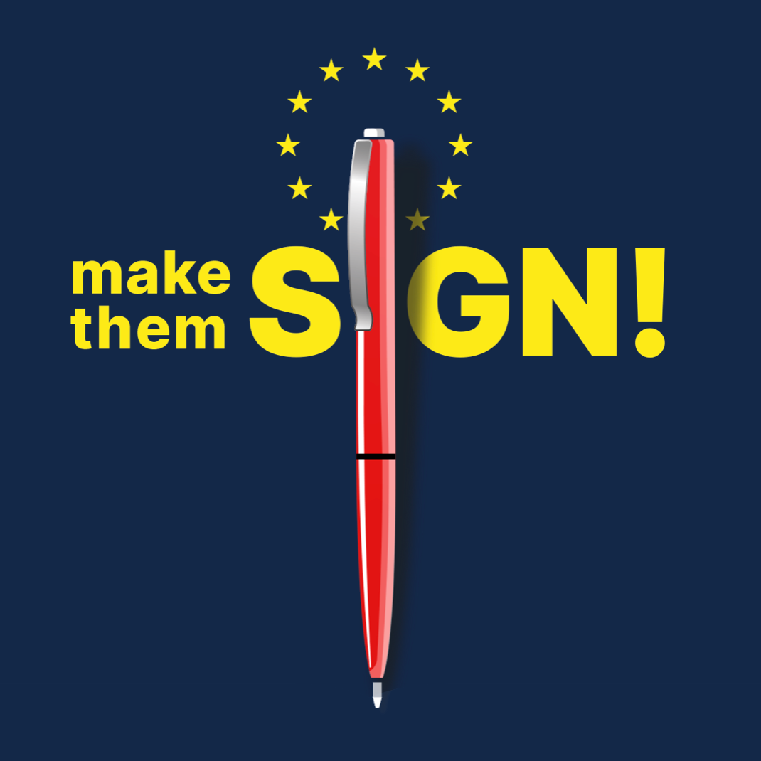 Logo des Bündnisses "Make them Sign": Ein roter Kugelschreiber auf dunkelblauem Grund mit EU-Sternen um den Kugelschreiber
