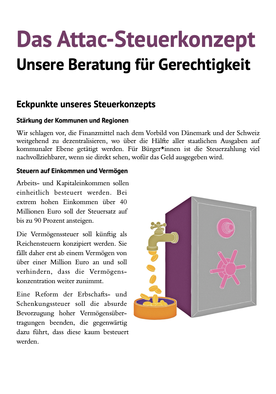 Frontseite eines Kurzflyers zum Attac-Steuerkonzept (Flyer mit Text ist im Bild verlinkt)